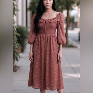 Code x Mode Rust Floral Smocked Midi Dress Puff Sleeve Size L